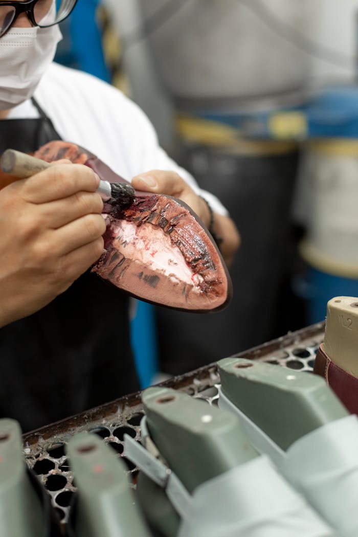Close-up of a shoemaker meticulously repairing a leather sole indoors.