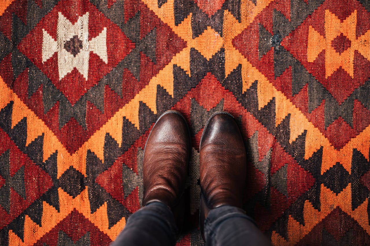 about-02 Top view of brown leather boots standing on a vibrant geometric patterned rug.